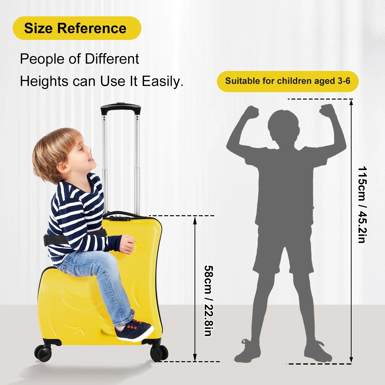 Kids Ride On Luggage 24 Inch, Toddler Travel Suitcase with Safety Belt & Wheels - Yellow Carry On for Airplane,Car Seat,Toddlers