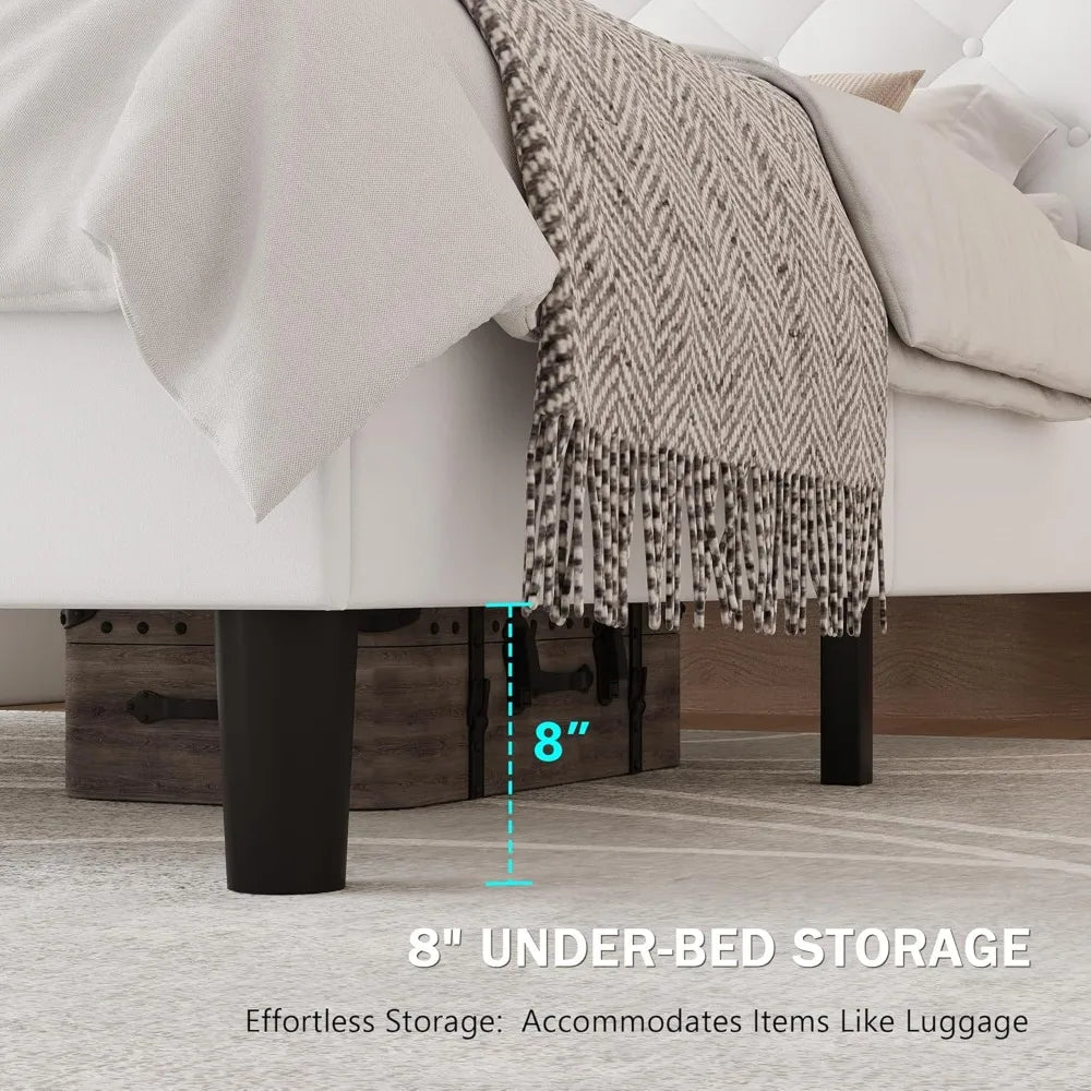 Full Bed Frame with 16 Modern Wingback Button Tufted Storage Headboard, Upholstered Platform Bed with Charging Station, Sturdy W