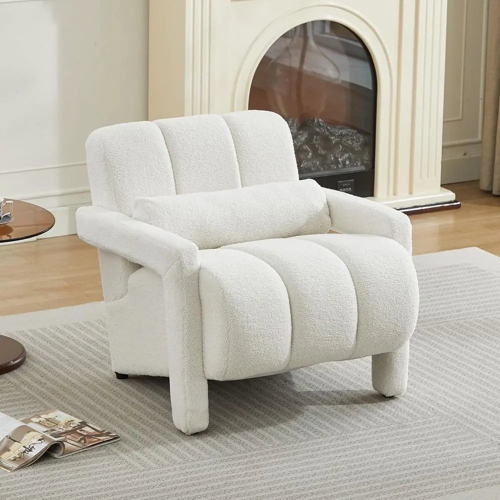 Accent Chair, Modern Upholstered Sherpa Accent Chair, Comfy Teddy Single Armchair with Pillow for Living Room, Bedroom (Beige, B
