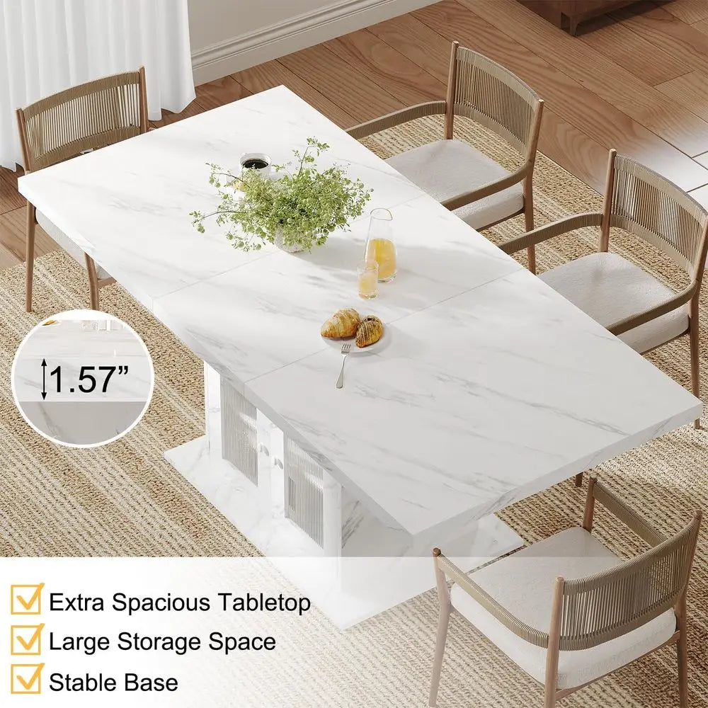 Modern 63 Dining Table for 4-6 with Storage Shelves & Acrylic Door Cabinet, White Marble-Look Rectangular Table for Home