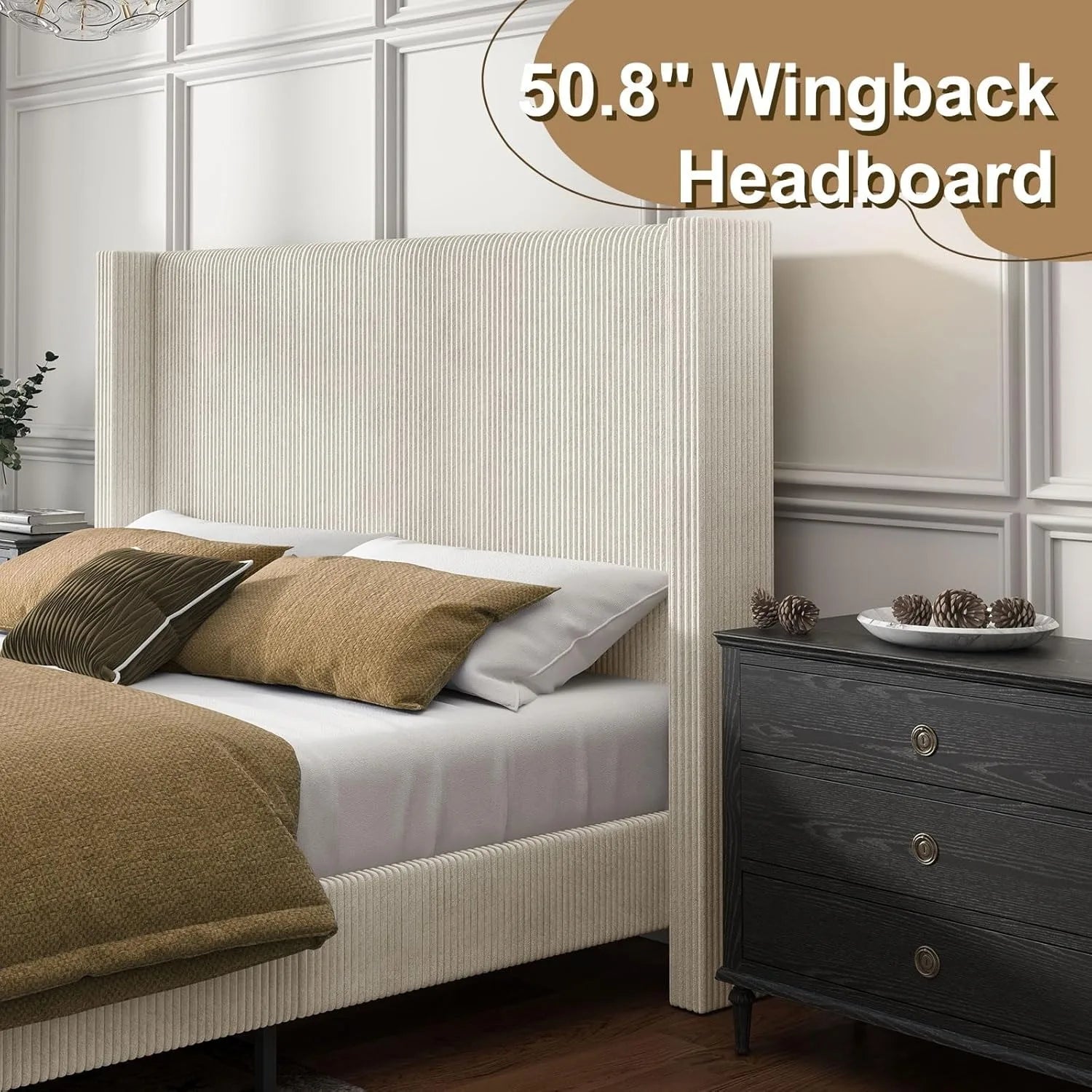 Extra large cushioned platform bed frame, canvas bed with 50.8-inch headboard, no need for springs/no noise/cream color