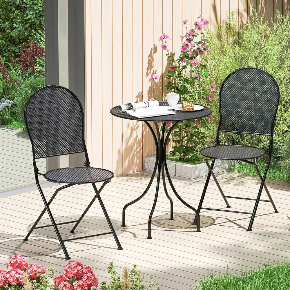 2-Seat Metal Patio Bistro Set with Round Table and Folding Chairs for Outdoor Garden and Porch