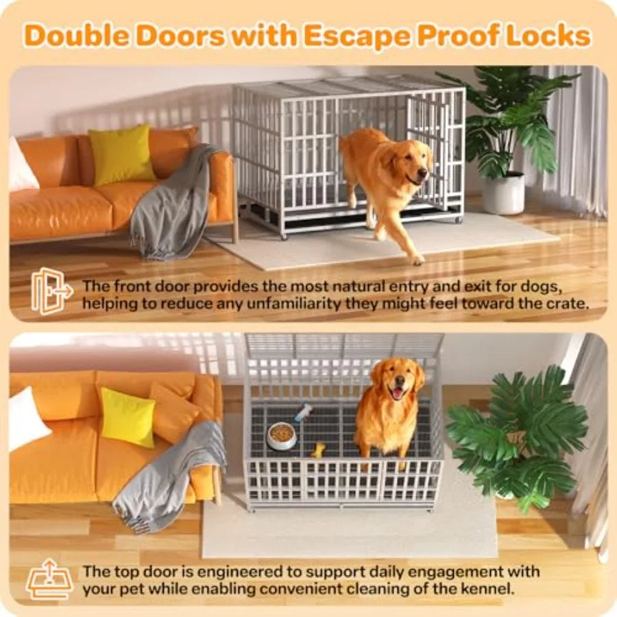 48 Inch Heavy Duty Indestructible Dog Crate Steel Escape Proof Indoor Double Door High Anxiety Cage with Wheels Removable Tray