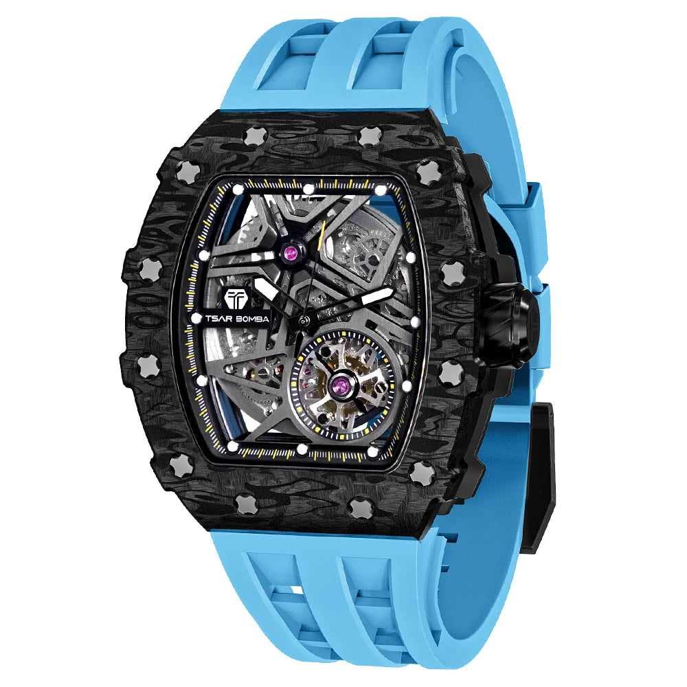 TSAR BOMBA Automatic Watch Men Carbon Fiber Mechanical Wristwatch Skeleton Clock Mens Tonneau Luxury Watches
