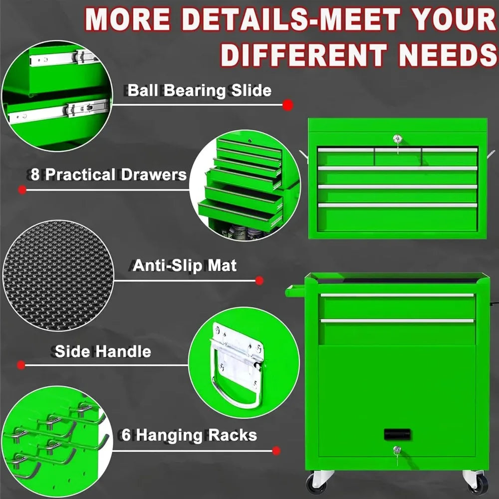 Tool Chest, 8-Drawer Rolling Tool Storage Cabinet with Wheels, Detachable Top Tool Box, and Locking Mechanism,, Customized