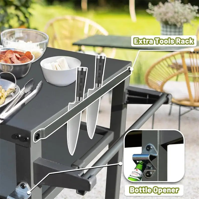 3-Shelf Outdoor Grill Table with Wheels, Portable Grill Cart, Outdoor Pizza Oven Prep Table, BBQ Stand with Propane Tank Hook,