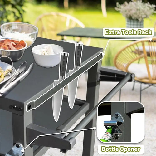 3-Shelf Outdoor Grill Table with Wheels, Portable Grill Cart, Outdoor Pizza Oven Prep Table, BBQ Stand with Propane Tank Hook,