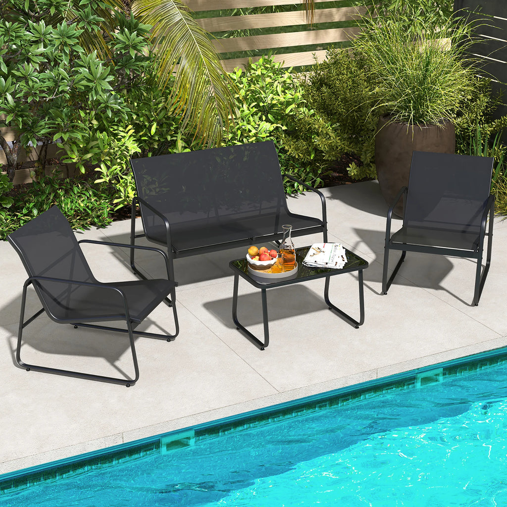 4 Pieces Patio Furniture Set Outdoor Tempered Glass Coffee Table Chair Loveseat