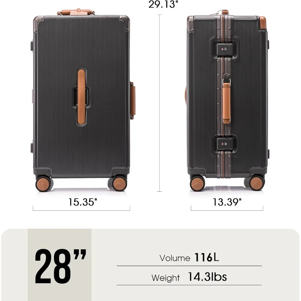 28-inch wide handle hardshell spinner luggage - 116l large capacity with 360° silent wheels - tsa lock & aluminum corners