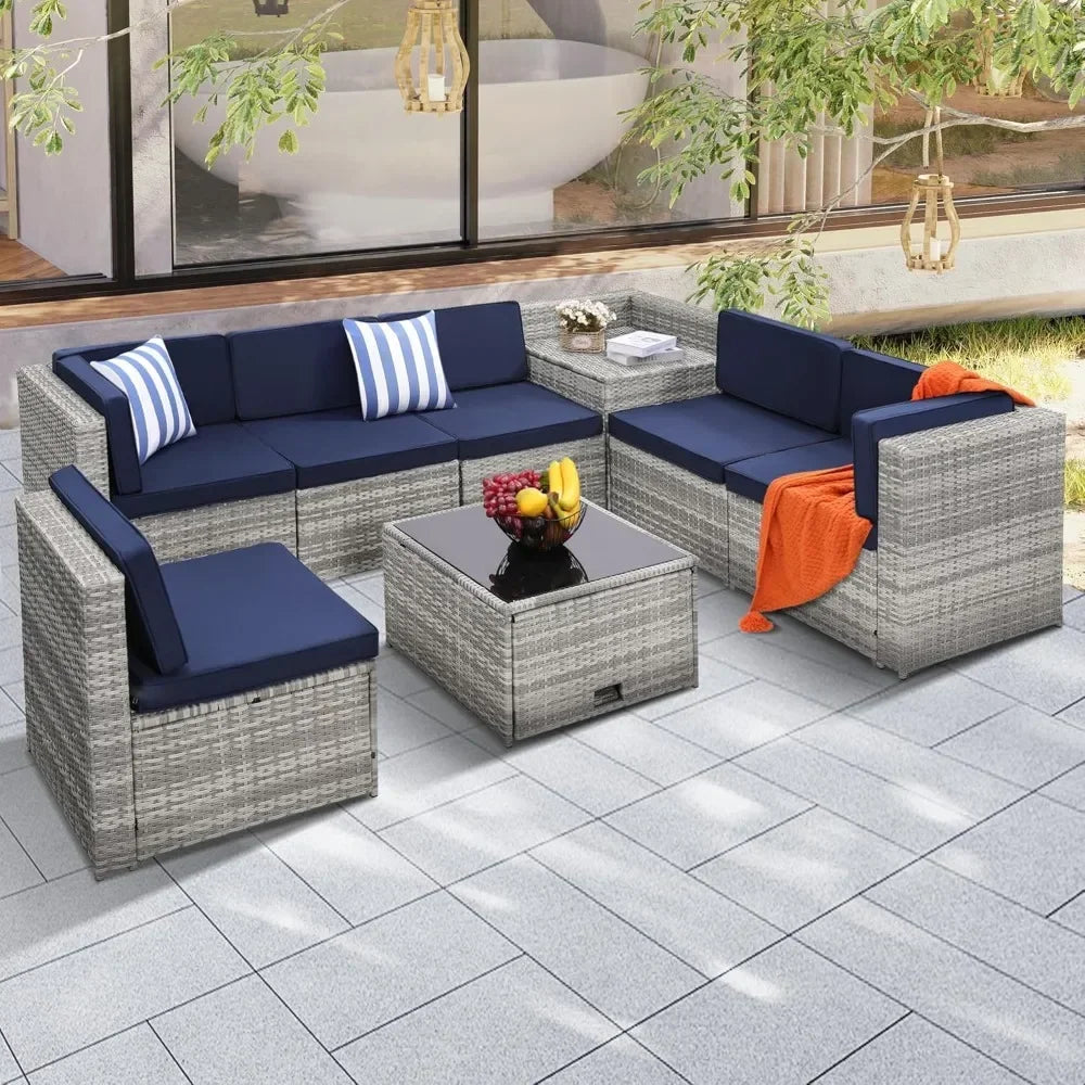 8-piece Outdoor Rattan Patio Furniture Segmented Set, Glass-topped Table with Hidden Storage, Grey Rattan with Blue Padded Mats