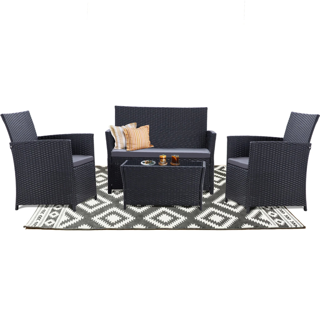 4 Piece Patio Furniture Set, Outdoor Wicker Conversation Sets, Rattan Sectional Sofa Couch with Coffee Table & Seat Cushions for