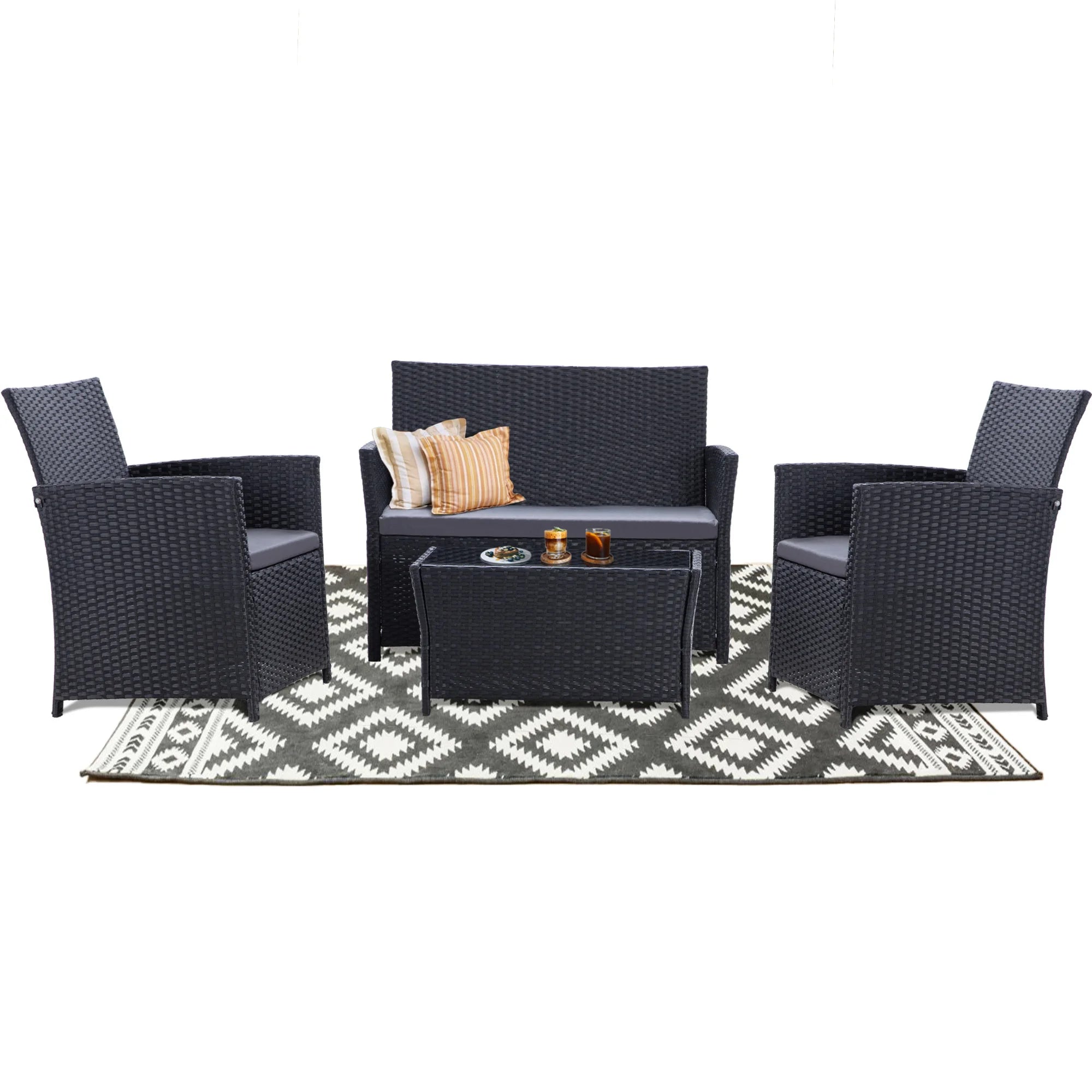 4 Piece Patio Furniture Set, Outdoor Wicker Conversation Sets, Rattan Sectional Sofa Couch with Coffee Table & Seat Cushions for