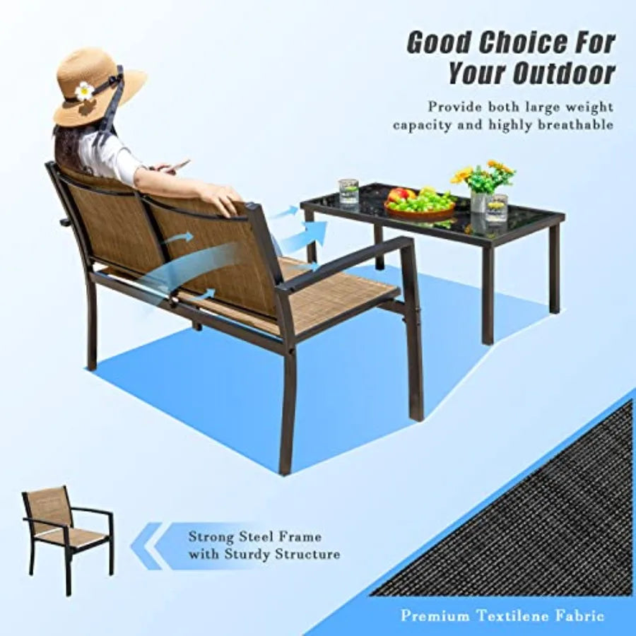 4 Pieces Patio Furniture Set Outdoor Garden Patio Conversation Sets Poolside Lawn Chairs with Glass Coffee Table Porch Furnitur