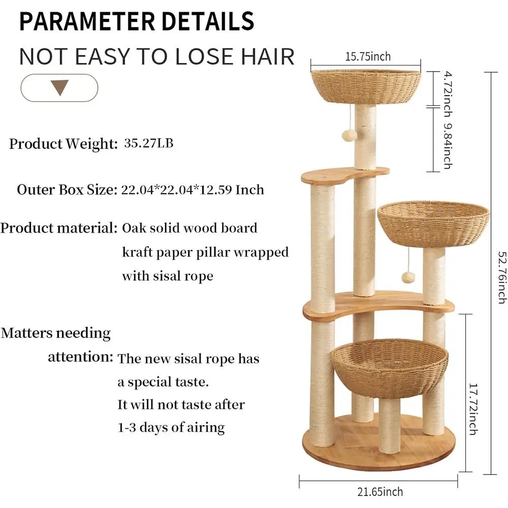 Luxury 54 Indoor Cat Tree Tower, Hand-Woven Oak Scratching Post for Multiple Large Cats, High-End Design Activity Center, Easy t