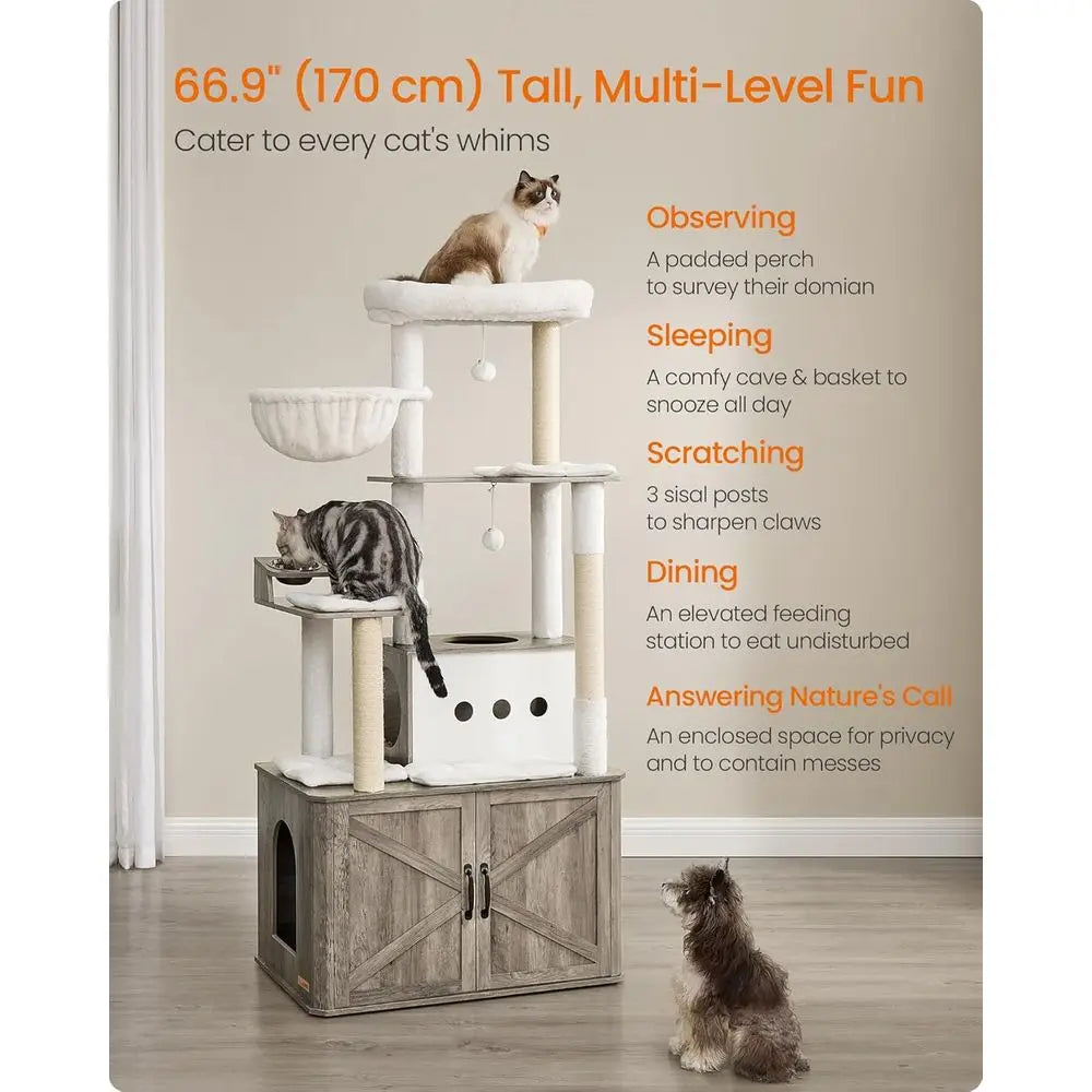66.9-Inch Large Cat Tower with Litter Box, Food Station, Storage, Scratching Posts, Cave, Hammock, Washable Cushions, Heather Gr