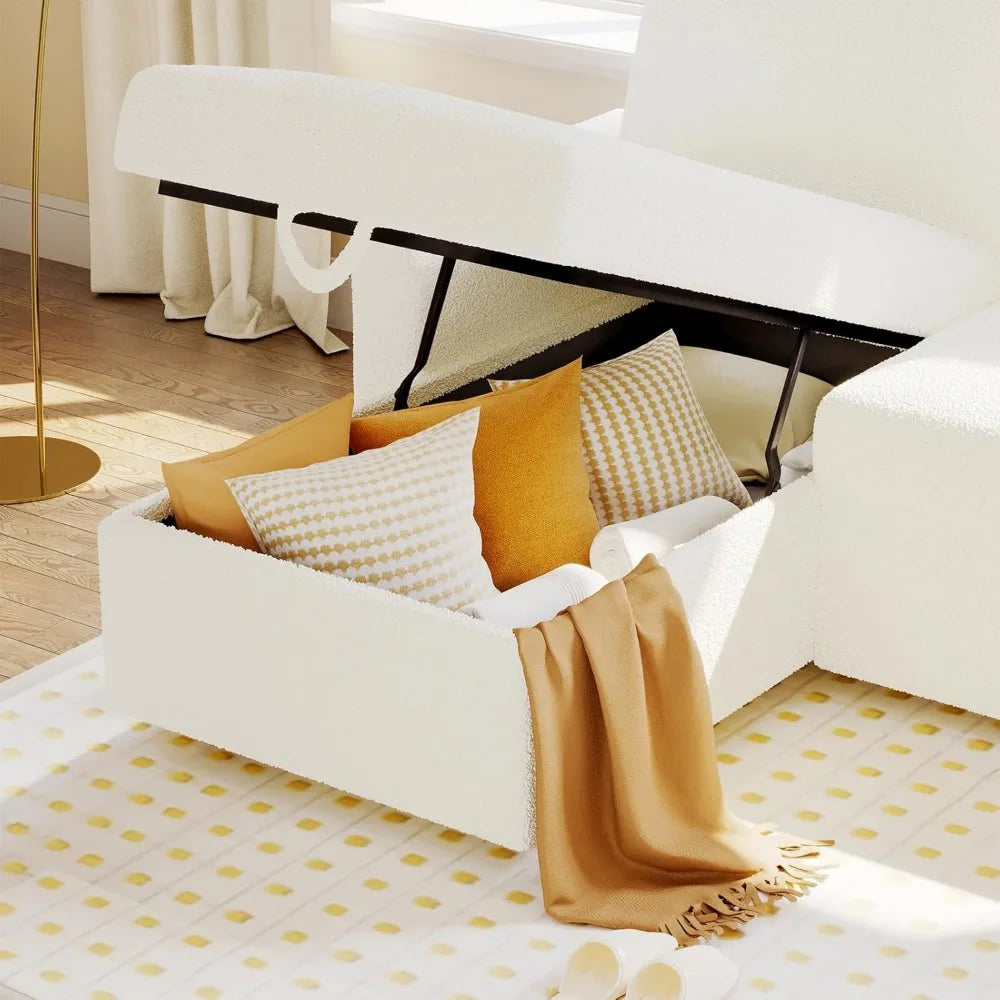 2-in-1 Convertible Sofa Bed with Storage Chaise, White Sherpa Fabric, 84 x 59 x 39 for Living Room