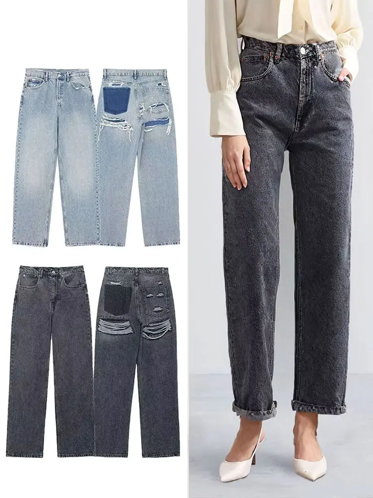 HH 2024 Vintage Denim Jeans For Women 2 Colors High Waist Zipper Fly Ripped Distressed Patchwork Causal Straight Trousers