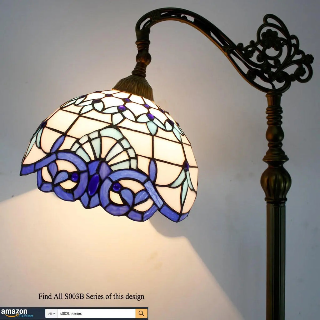 Werfactory Tiffany Floor Lamp Navy Blue White Stained Glass Arched Lamp 12X18X64 Inches Gooseneck Adjustable Corner Standing