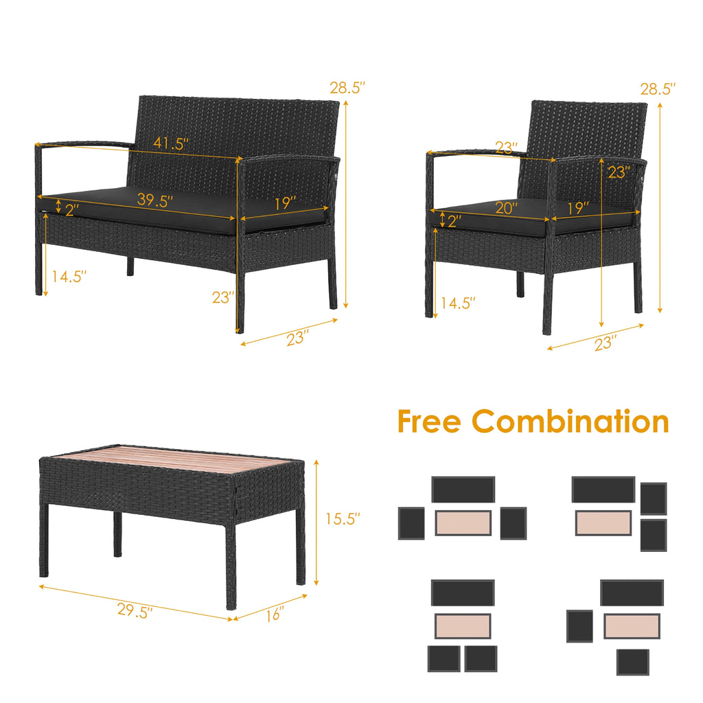 4PCS Patio Rattan Furniture Set Cushioned Chair Wooden Tabletop Black