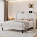 Full Bed Frame with 16 Modern Wingback Button Tufted Storage Headboard, Upholstered Platform Bed with Charging Station, Sturdy W
