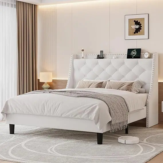 Full Bed Frame with 16 Modern Wingback Button Tufted Storage Headboard, Upholstered Platform Bed with Charging Station, Sturdy W