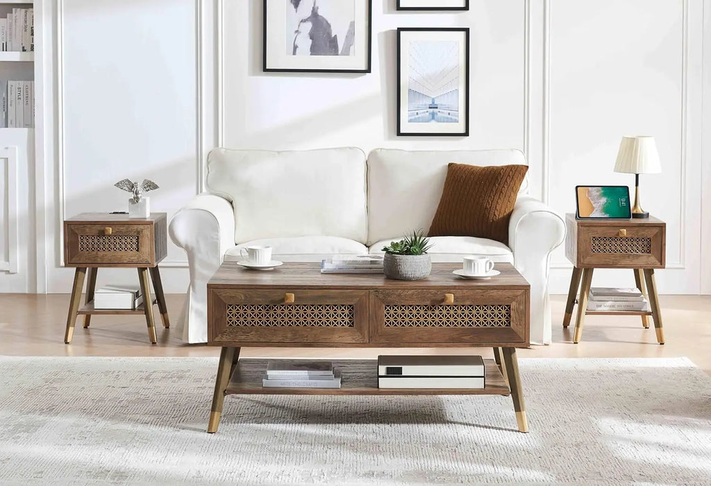 Mid Century Modern Coffee Table with Storage Drawers & Open Shelf, Solid Wooden Boho Rectangle Table