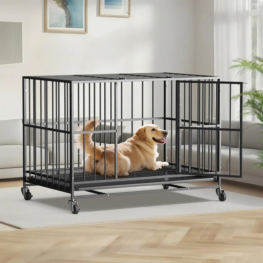 48-Inch Heavy-Duty Steel Dog Crate with Double Doors, Removable Tray, and Wheels for Indoor Use
