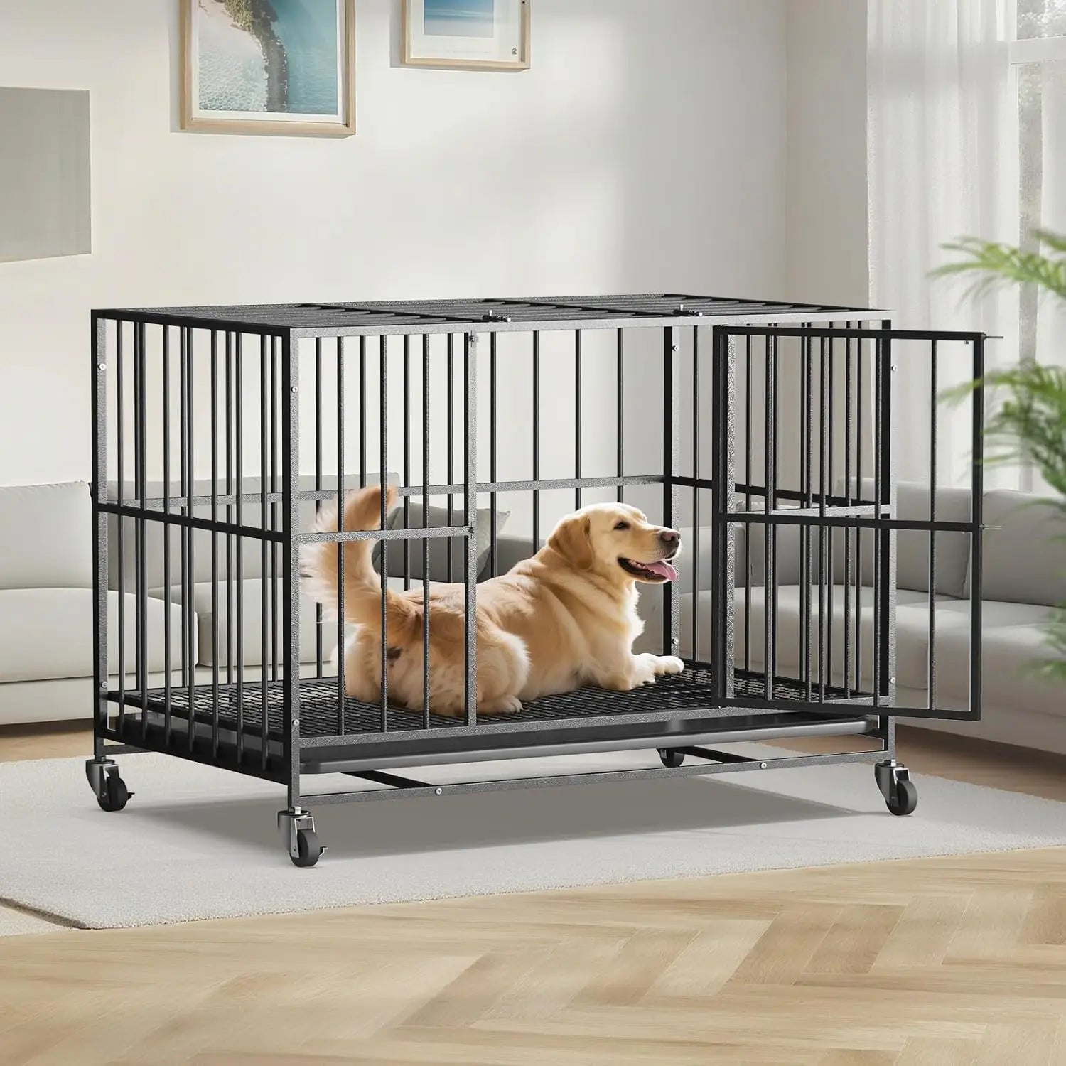 48-Inch Heavy-Duty Steel Dog Crate with Double Doors, Removable Tray, and Wheels for Indoor Use