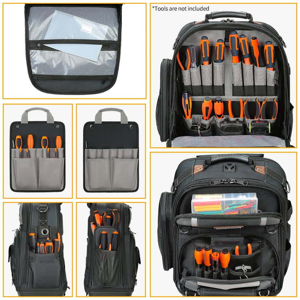 WINHUNT，Professional Tool Backpack, Heavy-Duty Storage Bag with Multiple Compartments, Padded Straps, Black/Grey