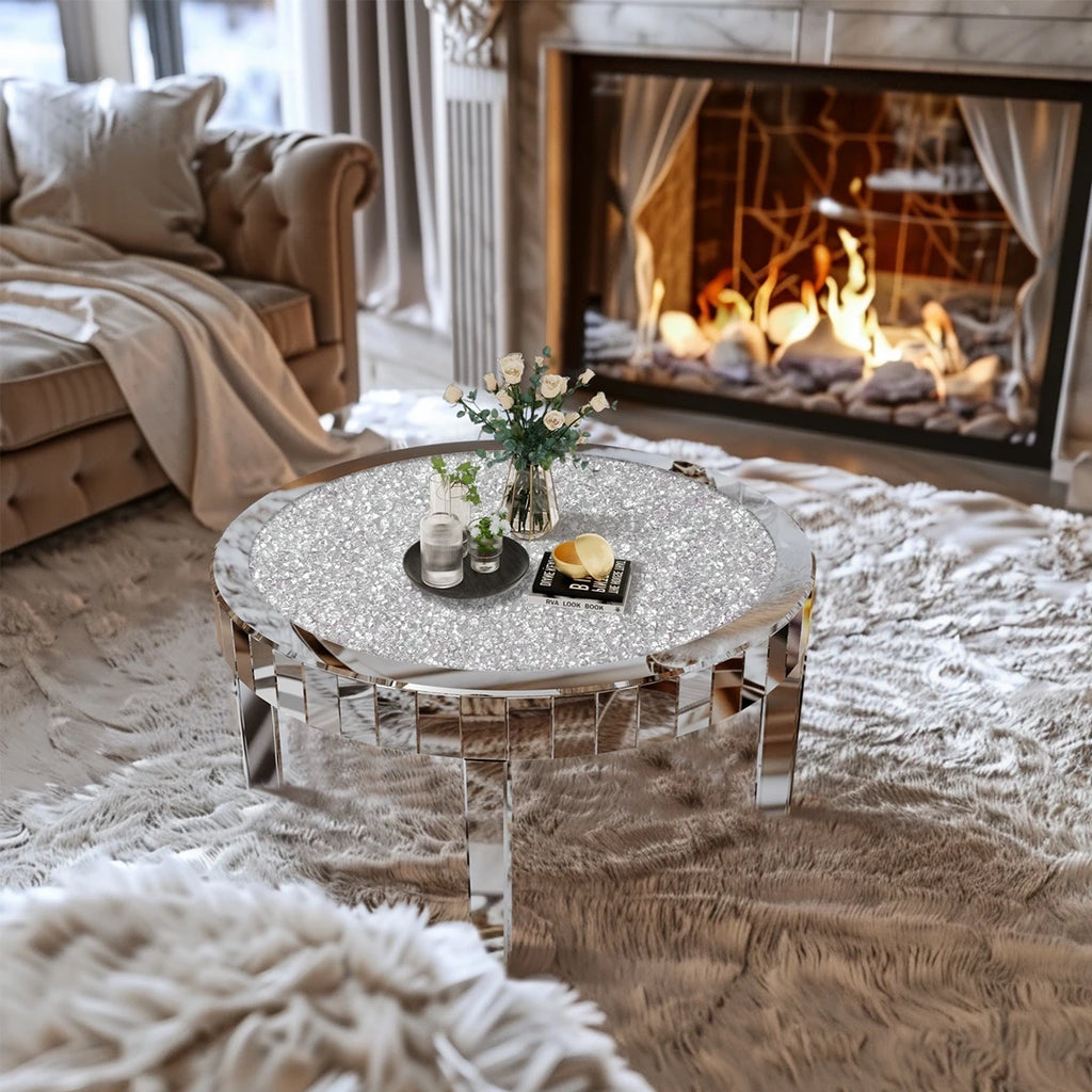 Luxury Round Silver Mirror Coffee Table Crystal Diamonds Inlay Accent Table Living Room Bedroom Modern Home Decor Furniture