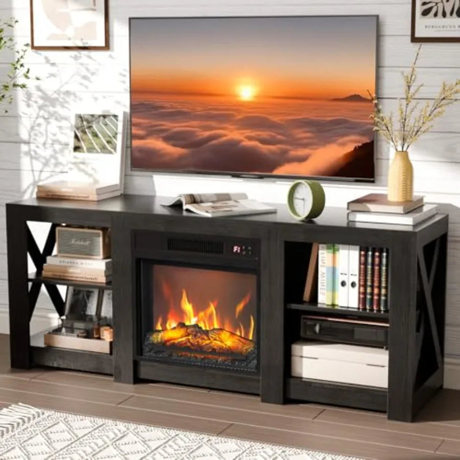 VINGLI Fireplace TV Stand for up to 70 inch TVs Farmhouse Entertainment Center with Electric Fireplace Heater Adjustable Shelve