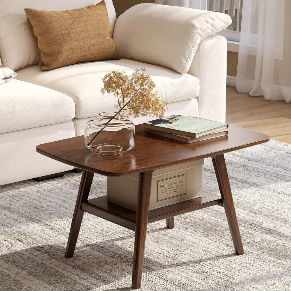 100% Solid Oak Wood Coffee Table for Living Room, 2-Tier Small Table with Storage Shelf, Mid Century Modern Coffee Tables (Walnu