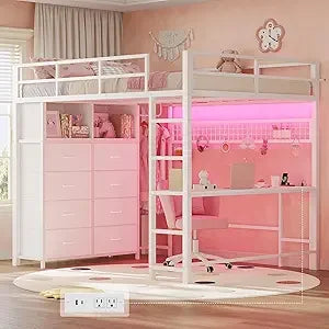 Full Size Loft Bed with Desk, 8 Drawers, LED Lighting, Power Outlet, 2 Shelves, and Clothing Rack