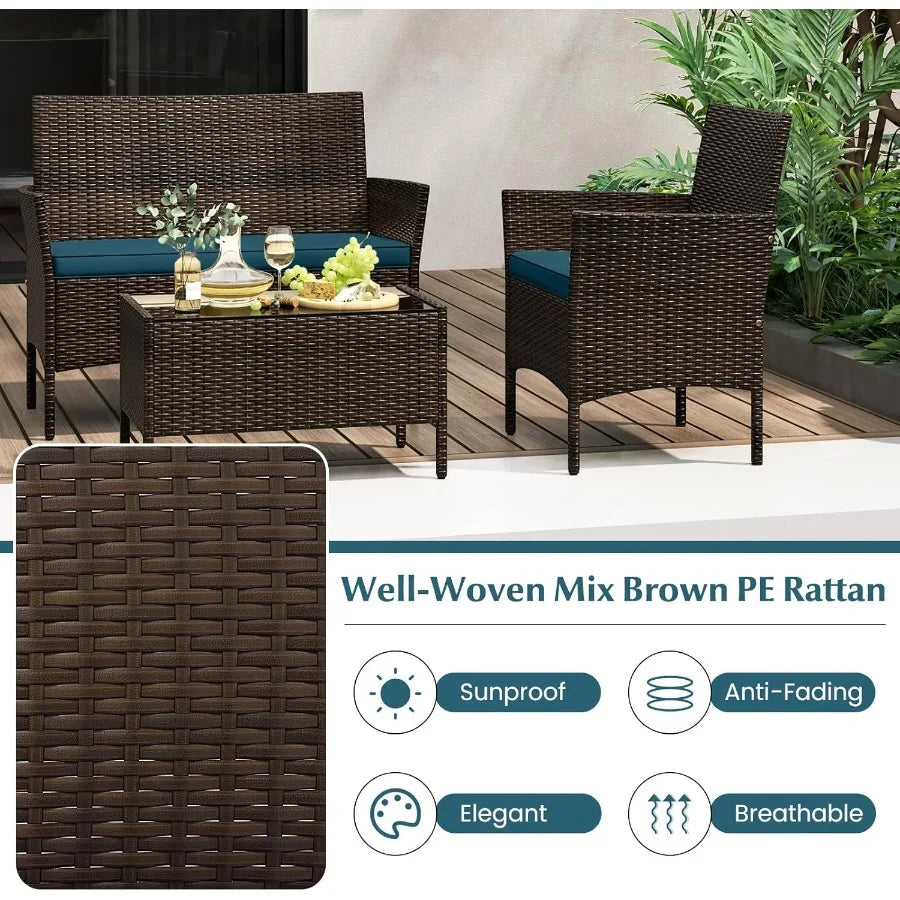 8 Piece Patio Rattan Conversation Set Outdoor Wicker Furniture Set with Chair Loveseat Tempered Glass Table Cozy Seat