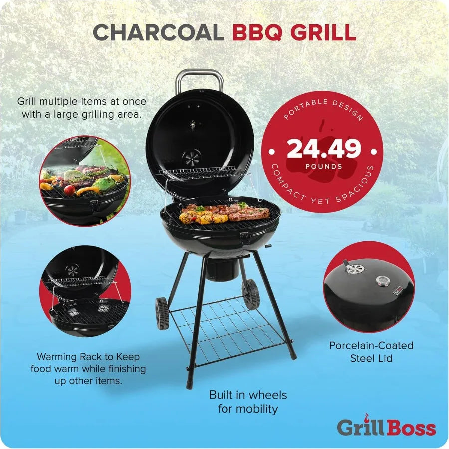 Grill Boss Charcoal Kettle Grill with Large 22-Inch Cooking Area - Ideal for Outdoor BBQ Tailgating Camping and Backyard Grilli
