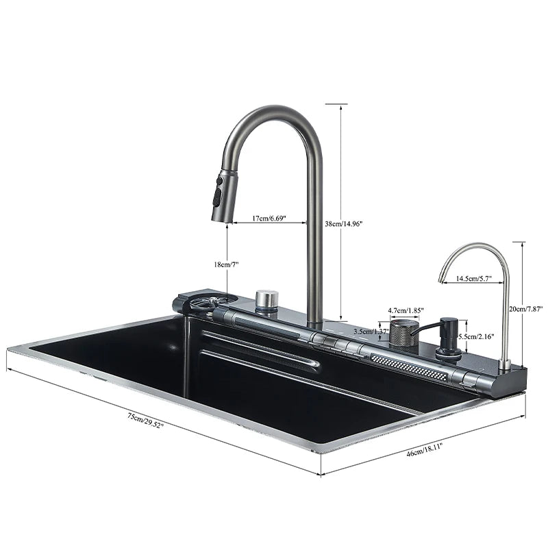 Grey Stainless Steel Waterfall Kitchen Sink Large Single Slot Integrated Digital Display Faucet Set Soap Dispenser Cup Washer