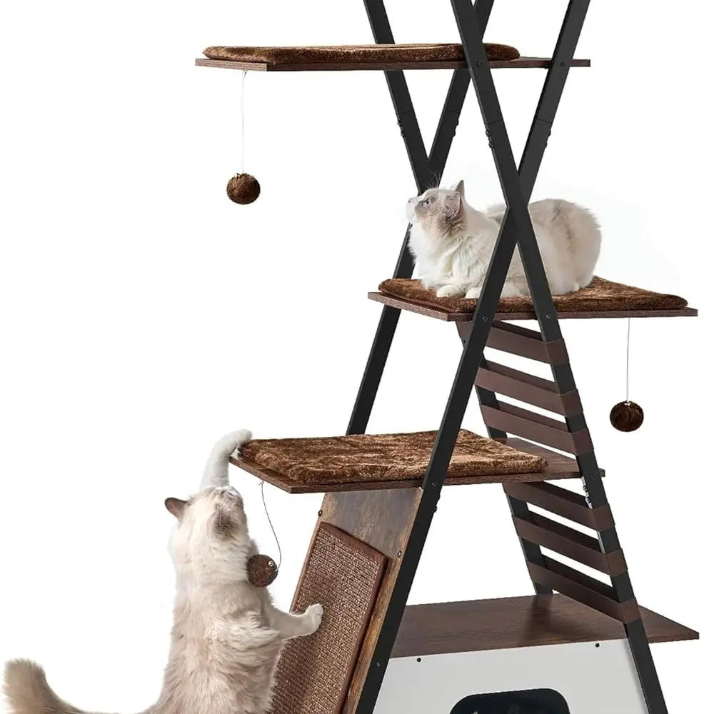 Indoor 72.4 Multi-Level Cat Tree with Caves, Scratching Board, Large Perch, Removable Pads, Rustic Brown