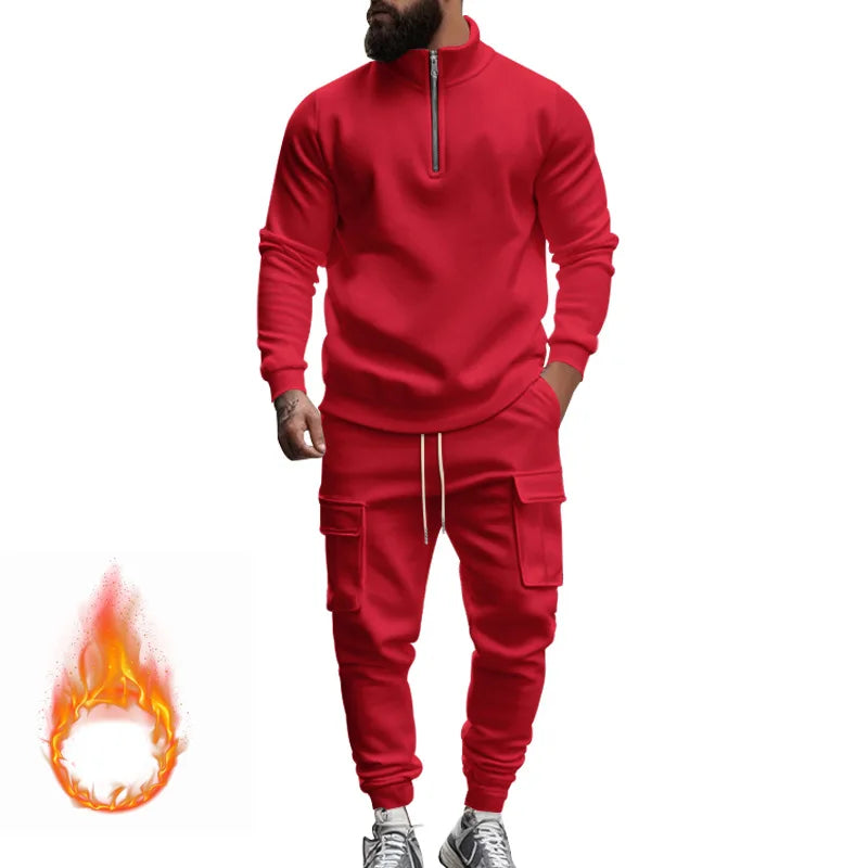 Men's Autumn/Winter Casual Semi-Zipped Pullover Loose Fleece Warm Sweatshirt And Sweatpants Available in 1/2 piece