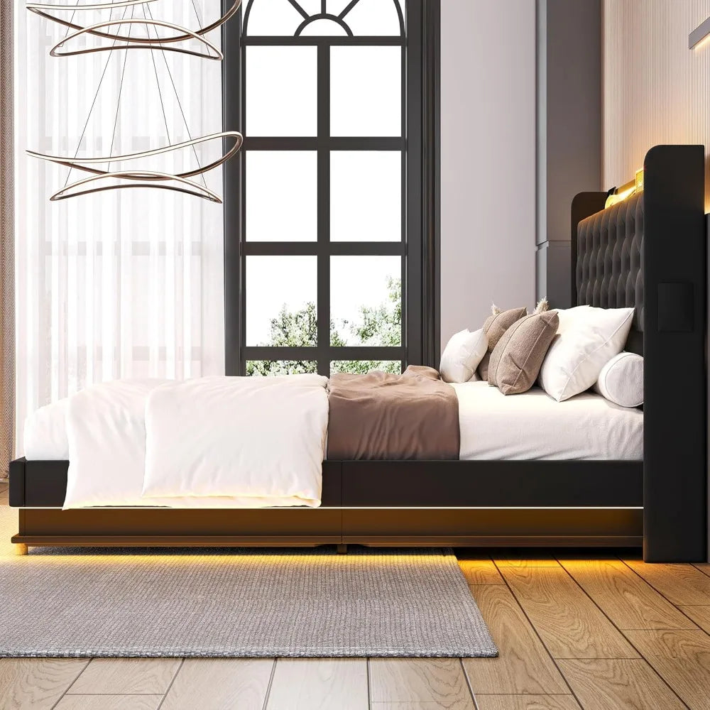 Lift Up Storage Bed Frame Queen Size with Charging Station & Led Lights,Upholstered Platform Bed with Wingback Storage Headboard