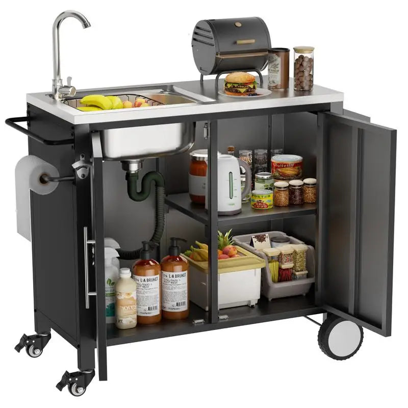 Outdoor Grill Cart with Sink, Stainless Steel Sink and Storage Cabinet, Portable BBQ Station with Wheels, 38" x 18" x 35" for