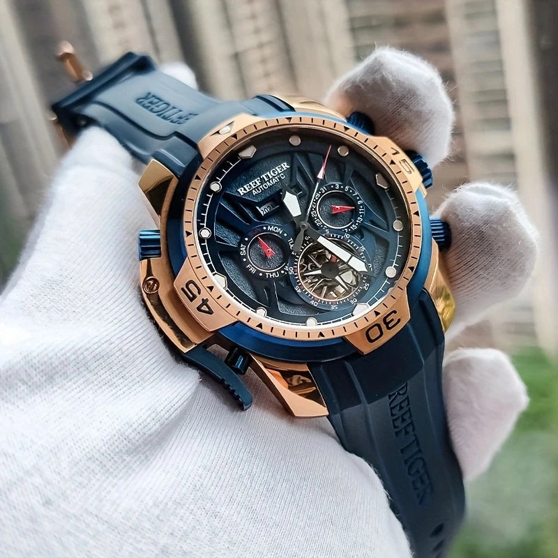 reef tiger Men's Mechanical Watch, Fully automatic multi-functional dual calendar Business men's watch, Men's clock RGA3532