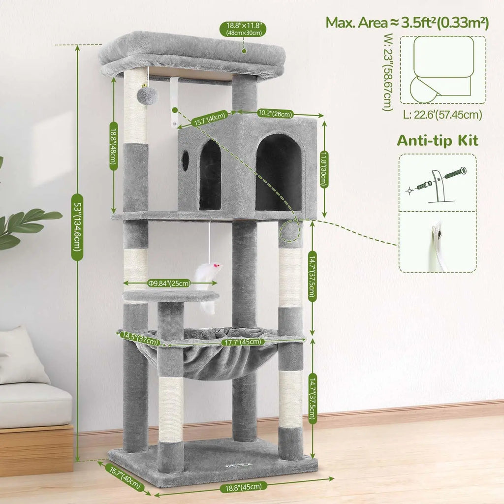53-Inch Tall Plush Cat Tree Tower with Scratching Post, Hammock, and Cave for Indoor Cats