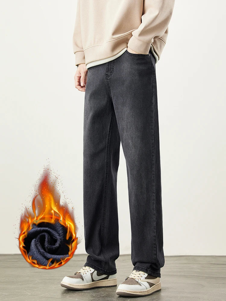 Fleece Men's Straight Jeans Winter Baggy Thick Warm Fashion Korea Plush Wide Denim Pants Casual Male Thermal Trousers