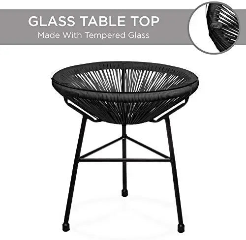3-Piece Outdoor Acapulco All-Weather Patio Conversation Bistro Set w/Plastic Rope, Glass Top Table and 2 Chairs - Black