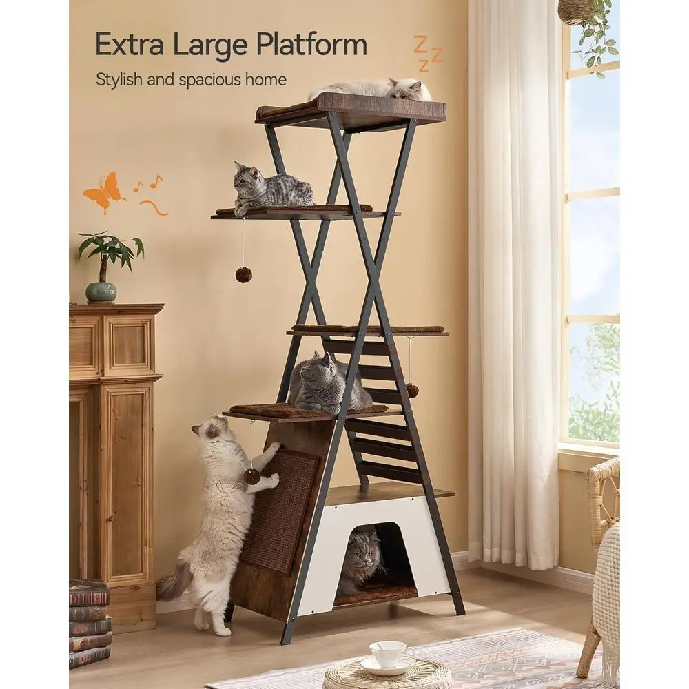 Indoor 72.4 Multi-Level Cat Tree with Caves, Scratching Board, Large Perch, Removable Pads, Rustic Brown