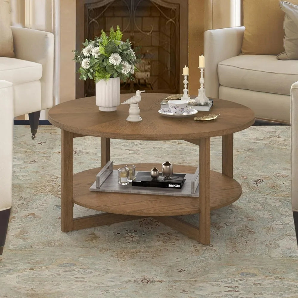 Rustic Modern 35 Circle Coffee Table with 2-Tier Storage Shelf, Dark Wood Living Room Furniture