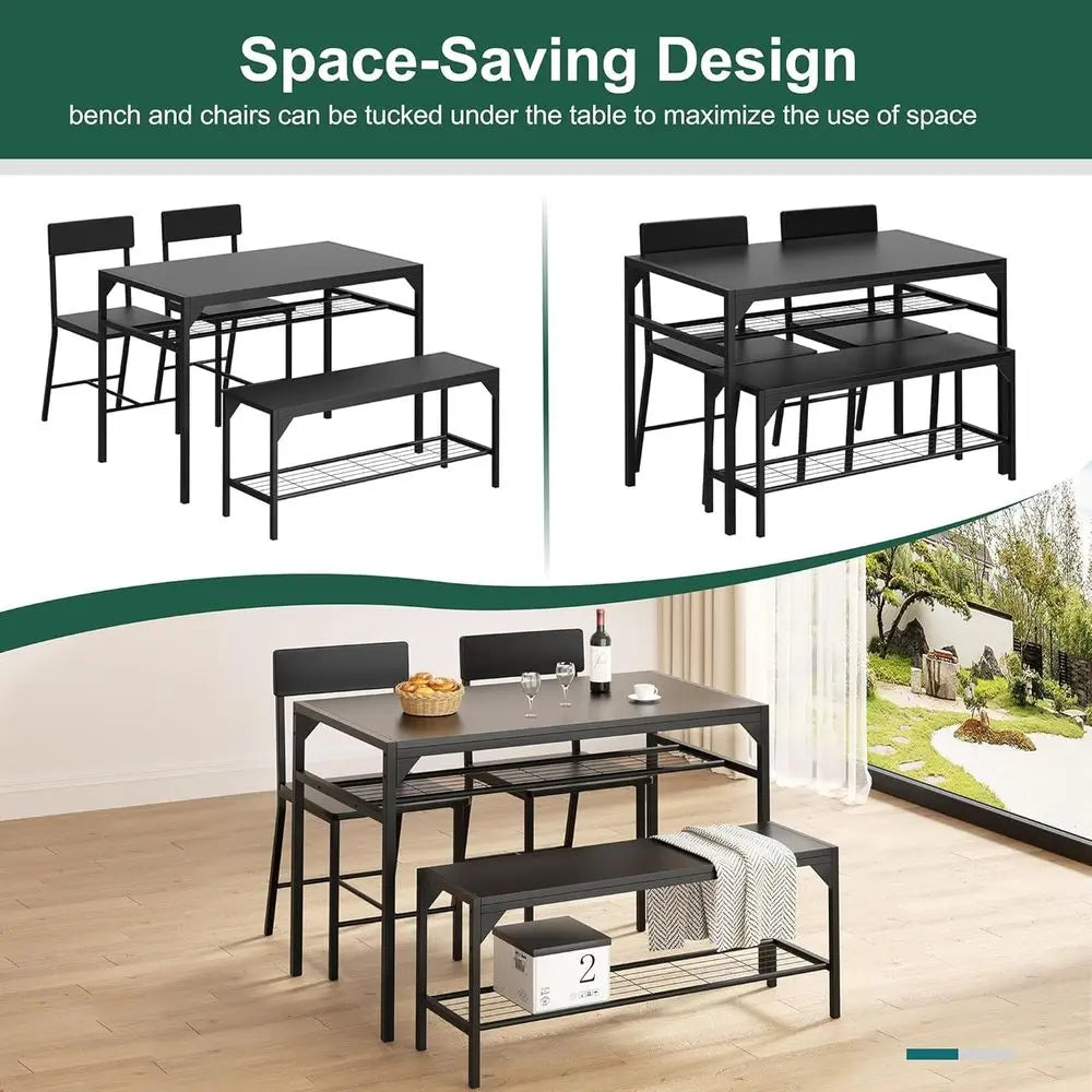 4-Piece Dining Set with Bench and Chairs, Kitchen Table Set for Small Spaces, Metal Frame, Black