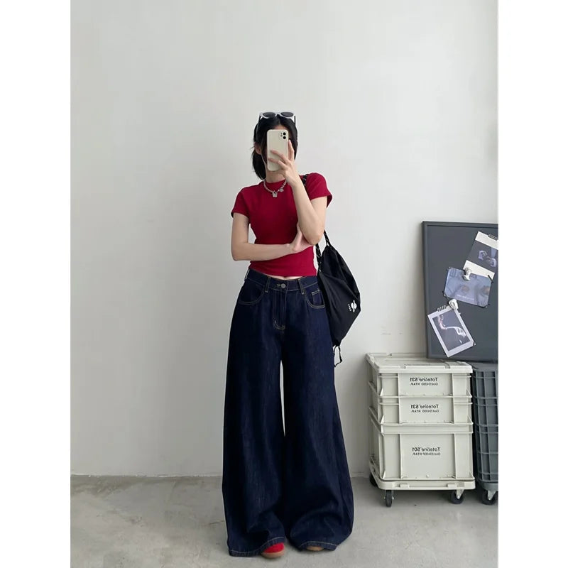 Blue Womens Jeans High Waist Vintage Straight Summer Y2K Classic Denim Pants Streetwear American Wide Leg Baggy Denim Trouser