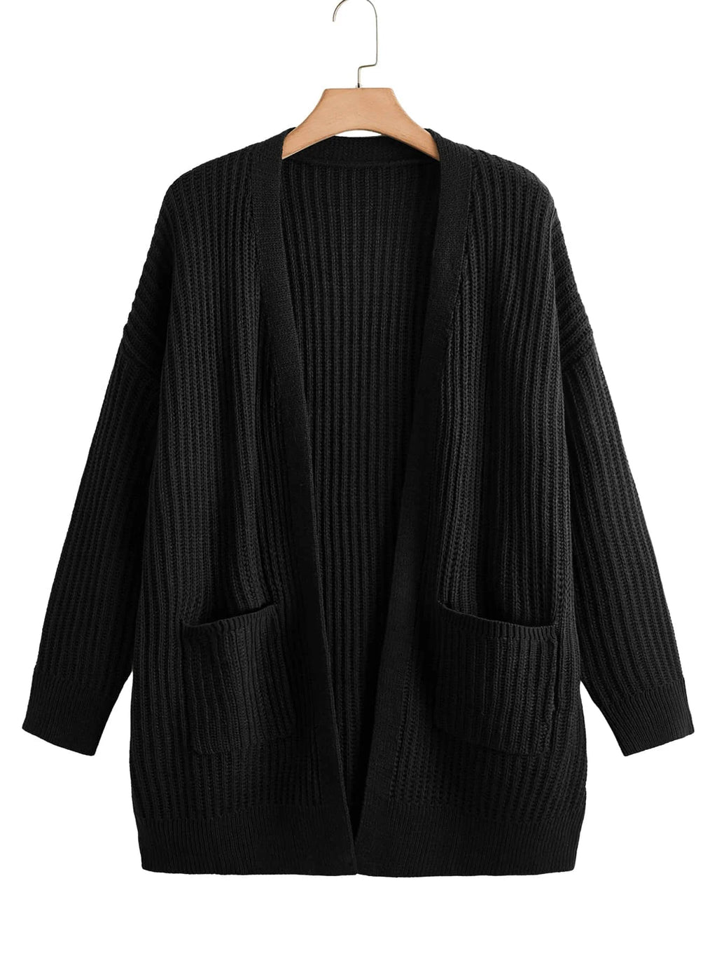 Women's Loose Casual Rib Knit Long Sleeve Cardigan With Pockets, Black, Versatile Everyday Wear,
