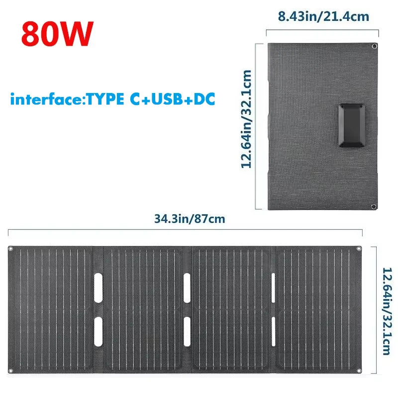 80W Folding Solar Panel IP65 Waterproof Foldable Solar Charger Portable Solar Panel Charger Outdoor Phone Power Bank for Phone